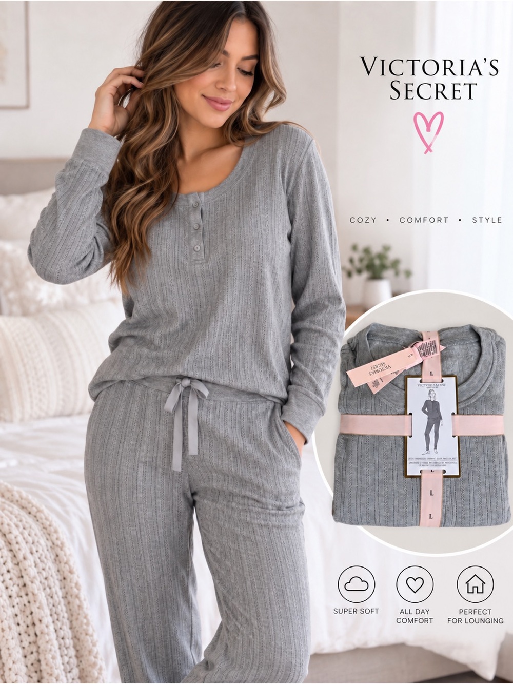 Victoria's Secret Gray Ribbed Cozy Long-Sleeve Pajama Set